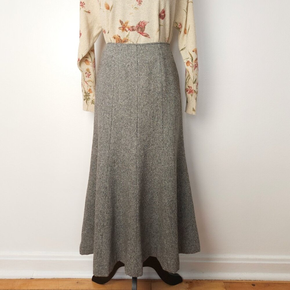 Vintage wool tweed long mermaid flared skirt women M grey